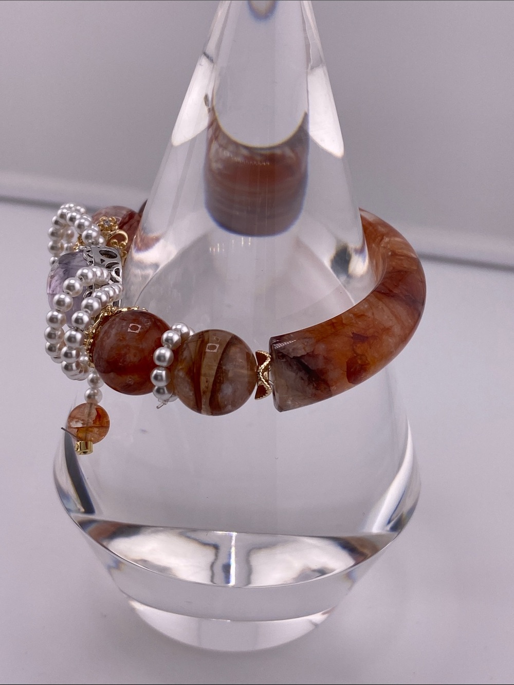 🎀 Red Fire Quartz Half Bangle Pearl Bow & Amethyst Bracelet - Picture 4 of 6